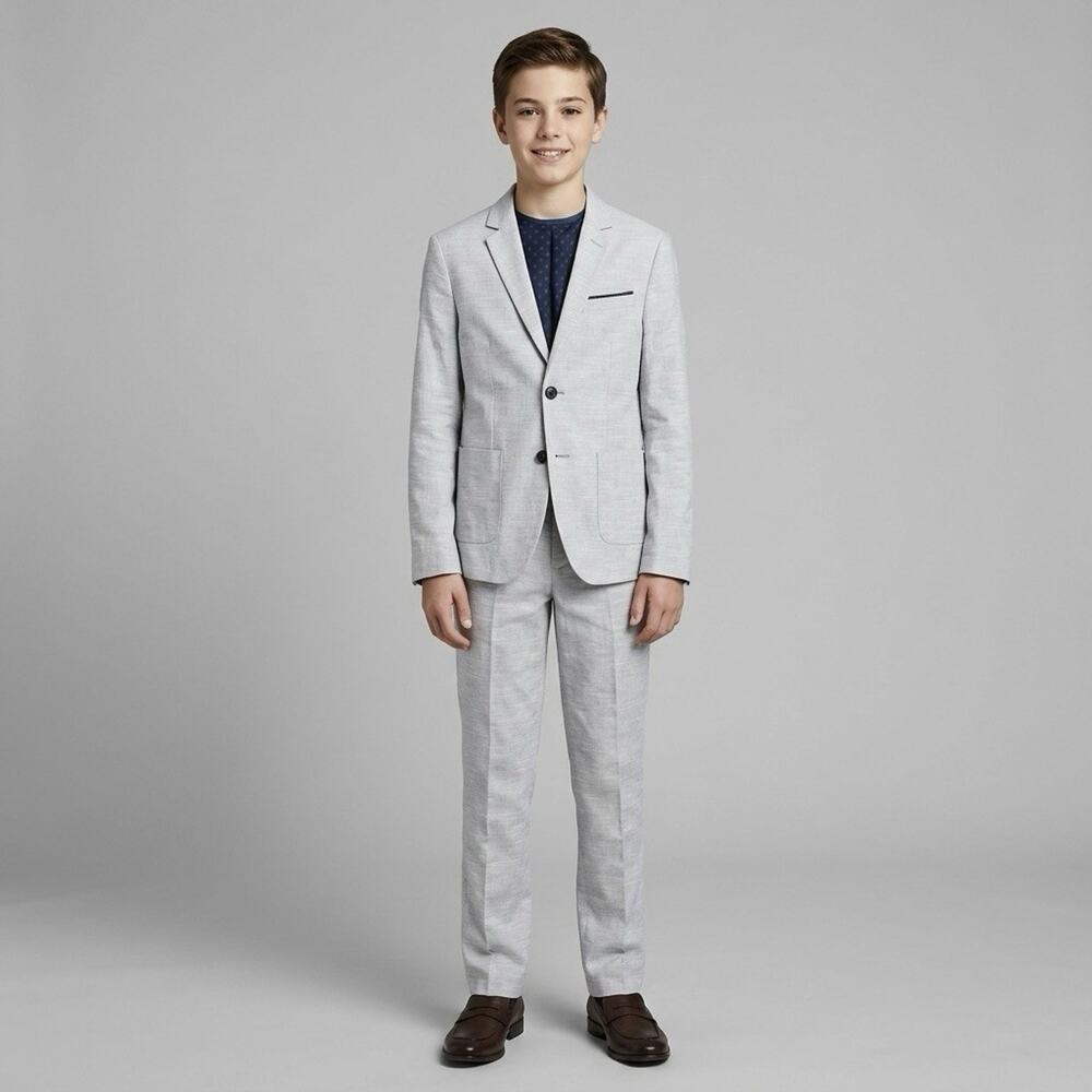 BOSS Boys Light Grey Linen Two Piece Suit Regular Fit Size 14S